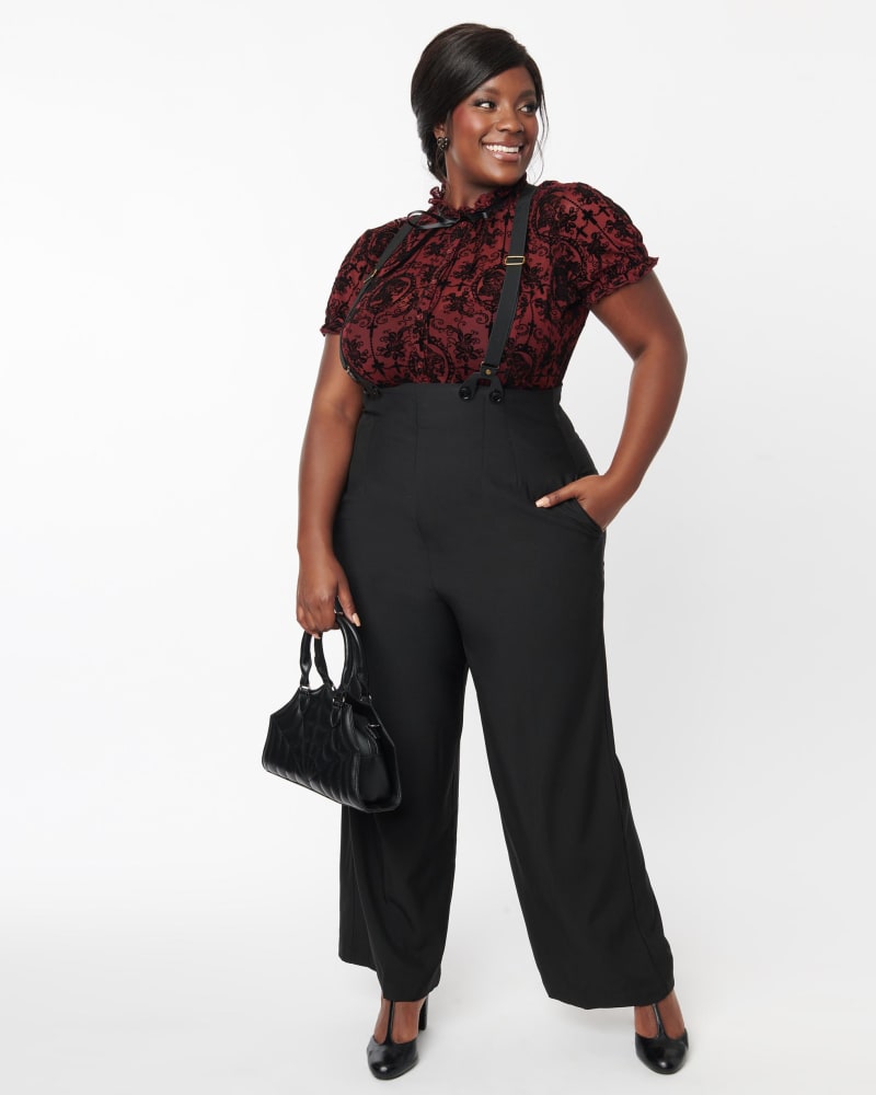 Front of a model wearing a size 4X Unique Vintage Plus Size Black High Waist Suspender Pants in Black by Unique Vintage. | dia_product_style_image_id:298595